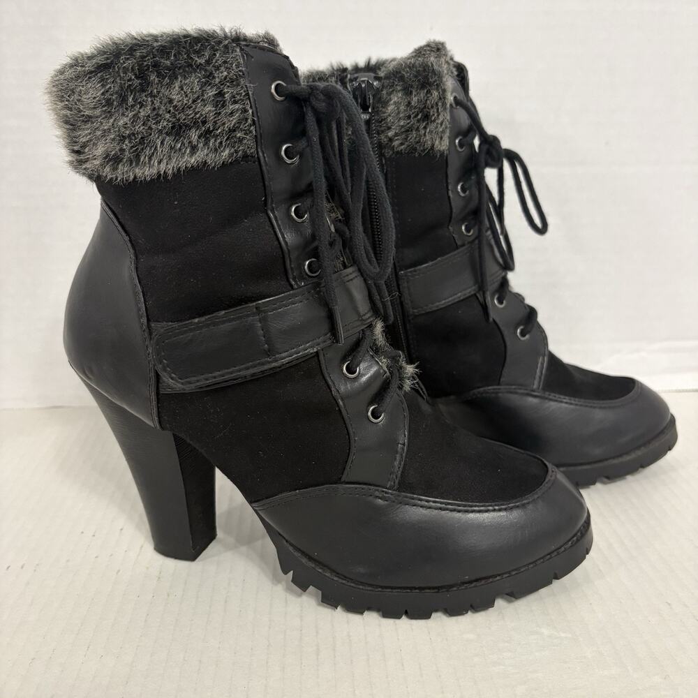 Heart In D Womens 10M Black Faux Fur Lace Up Lug Sole High Heel Boots Y2K